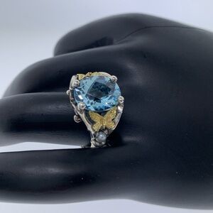 ANN KING Sterling Silver 18k Gold Butterfly Topaz & Pearl Ring Size 8